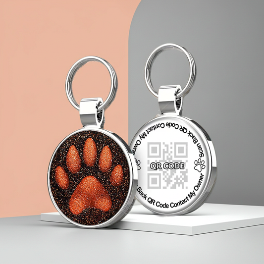 QR Code Pet ID Tag - Glittery Orange Paw Print Dog & Cat Collar Tag Australia
