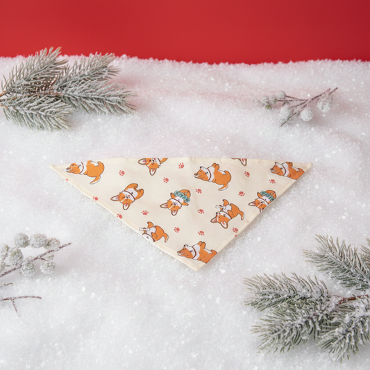 Cotton Dog Bandana Small - Festive Corgi Cream Pattern
