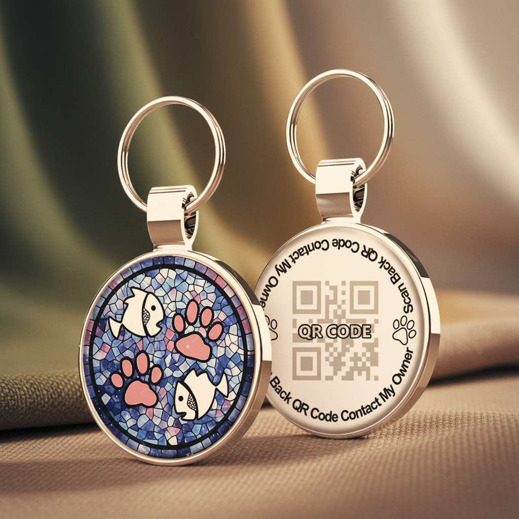 QR Code Pet ID Tag - Pink Paw Print & Fish Design Dog Cat Collar Tag Australia