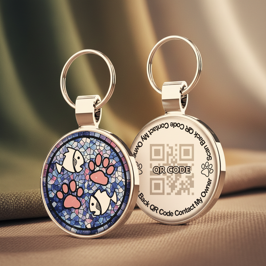 QR Code Pet ID Tag - Pink Paw Print & Fish Design Dog Cat Collar Tag Australia
